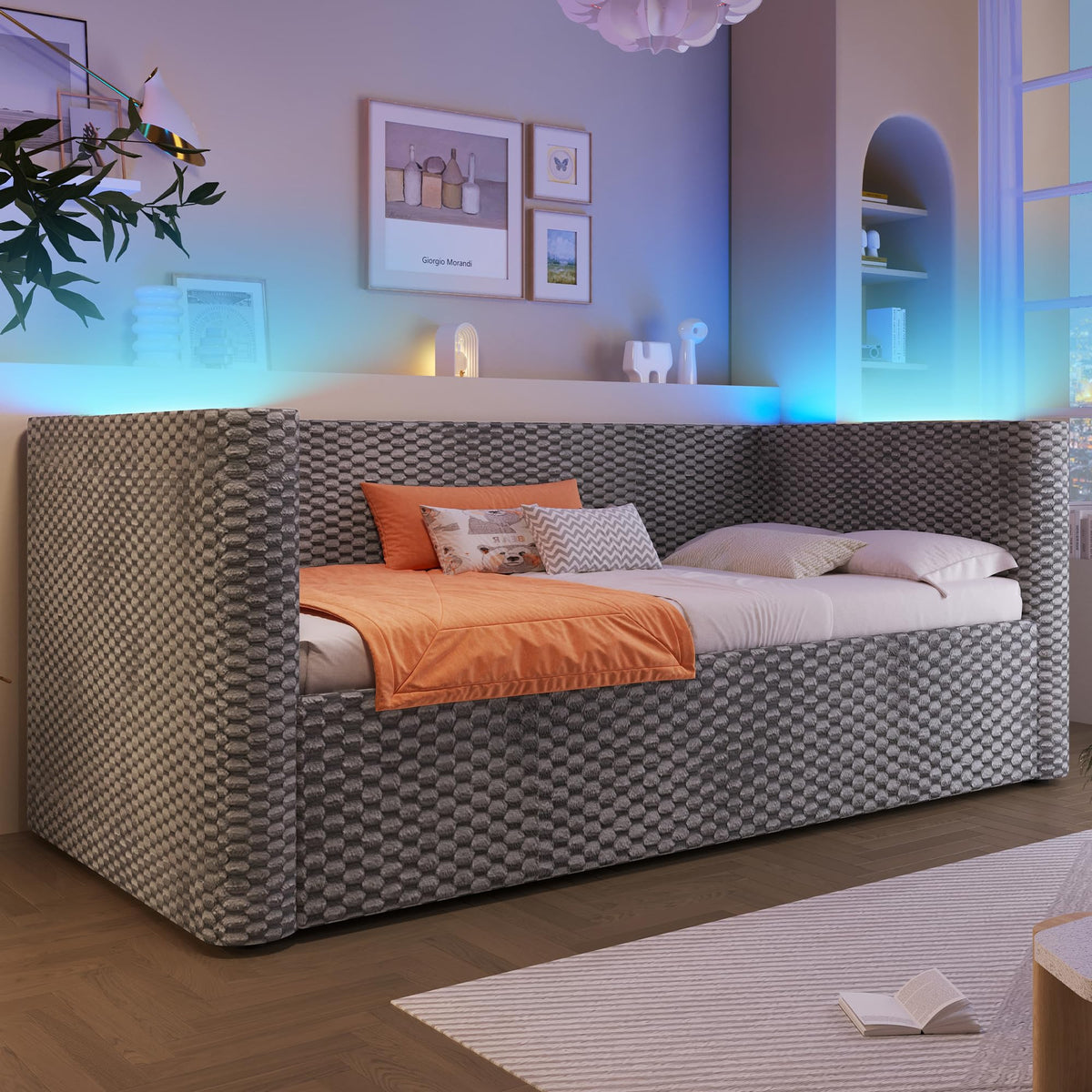 Moimhear Cama de día, diván cama, sofá cama, diseño de cama extensible multifuncional con tira de luz LED, somier de listones (sin colchón), terciopelo (beis, 90 x 200 cm+180 x 200 cm)