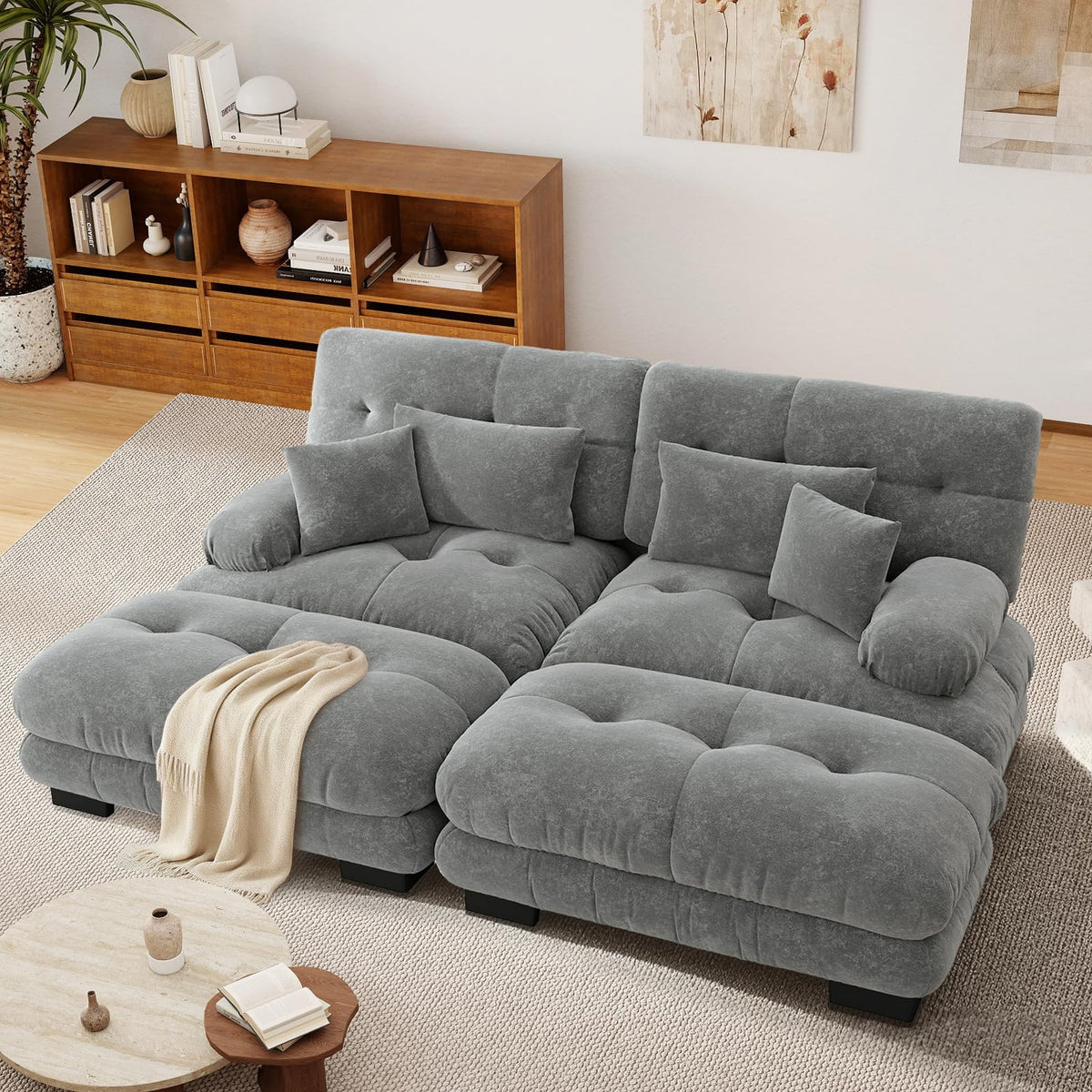 SoarFlash Sofá U Modular de 4 plazas para salón Moderno, sofá Nube de Tela Chenille con reposabrazos, Color Amarillo, 145×406 cm