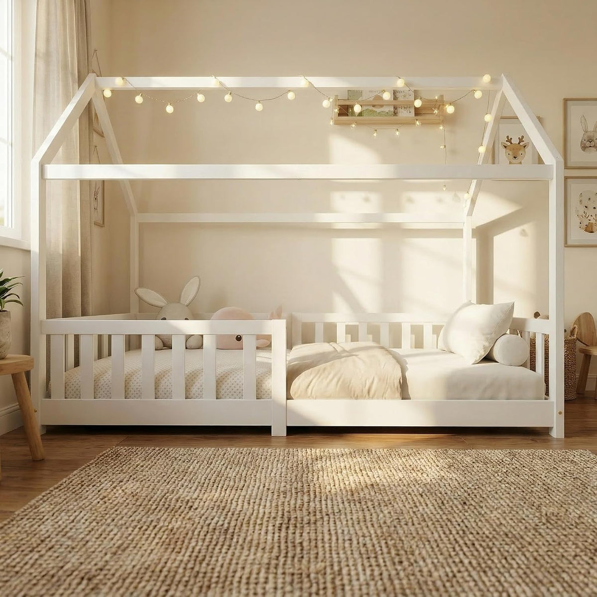 ecomi® Cama Infantil con Protección Anticaídas, Blanco, 80x160 cm