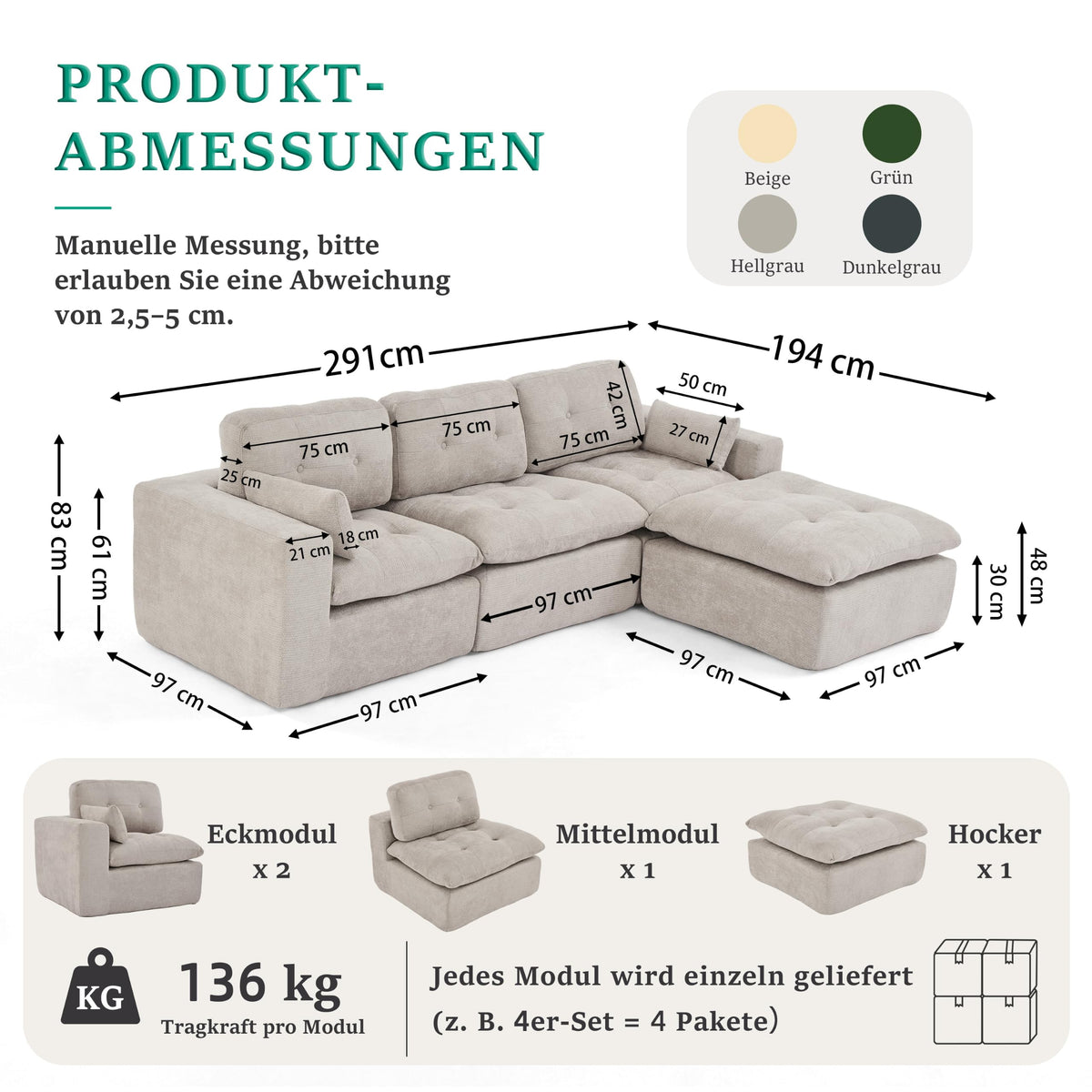 Sofá modular de 3 plazas con función de dormir, asiento extra profundo, felpilla para el hogar, sofá sin marco, sofá cama flexible para salón, verde