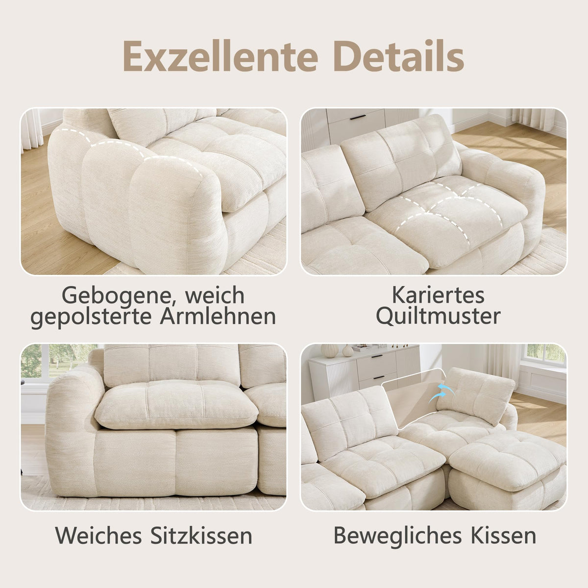 Sofá de 3 plazas con 1 taburete chenilla beige