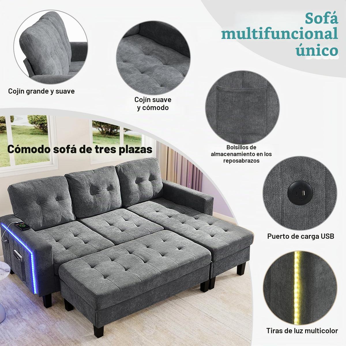Lubvtti Sofá cama de 3 plazas moderno con función de cama, con espacio de almacenamiento, cargador USB, reposabrazos portaobjetos y 2 cojines, sofá de esquina en L, sofá de 3 plazas, chenilla (C-gris)