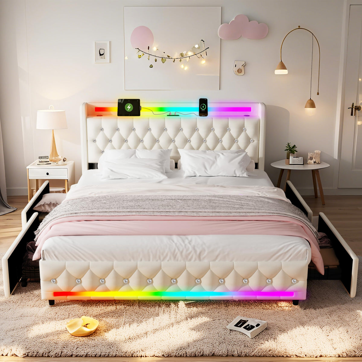 Estructura de Cama 140x200 cm con iluminación LED, Lino, Gris