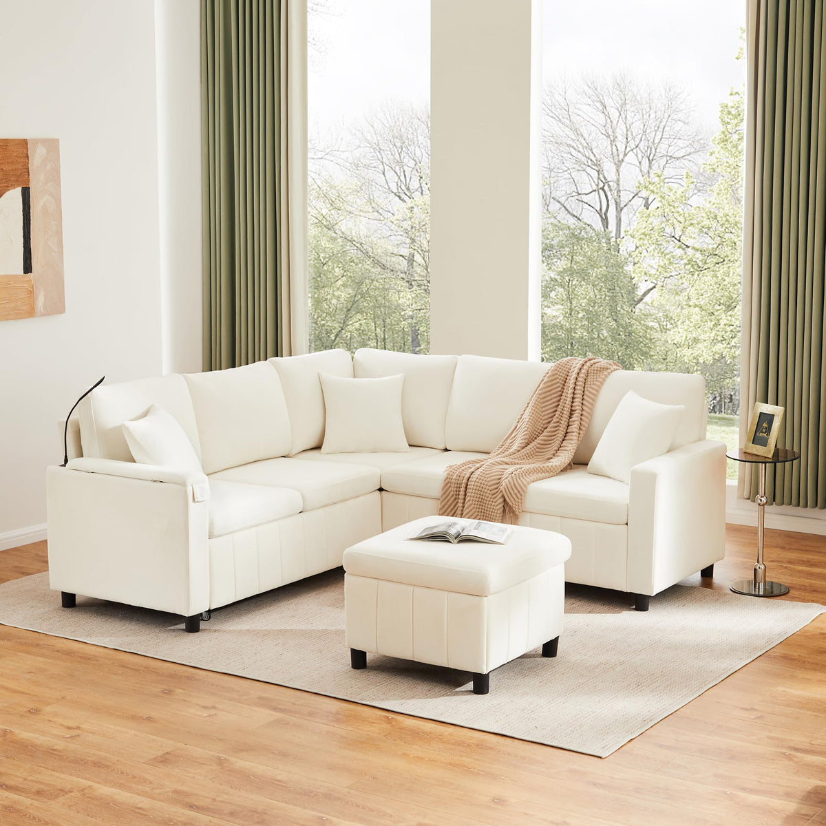LAKFEW Sofa Cama con Cama Extensible y Taburete Almacenaje, Sofa Rinconera con USB, Lámpara de Lectura, Mesa Plegable con 2 Posavasos, 205x205x85 cm, Gris