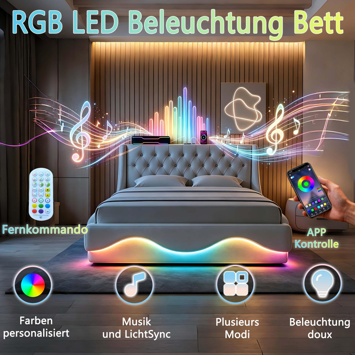 Armazón de Cama de Cuero 140x200cm con luz LED, Blanco