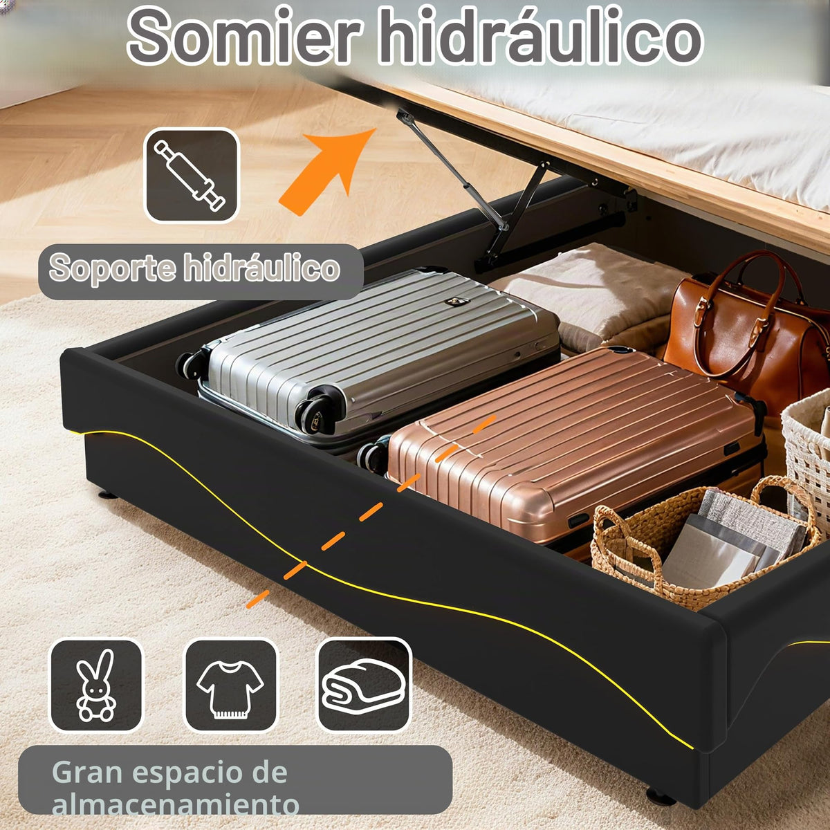 Estructura de Cama de Cuero 160x200cm con Carga USB Type-C, Blanco