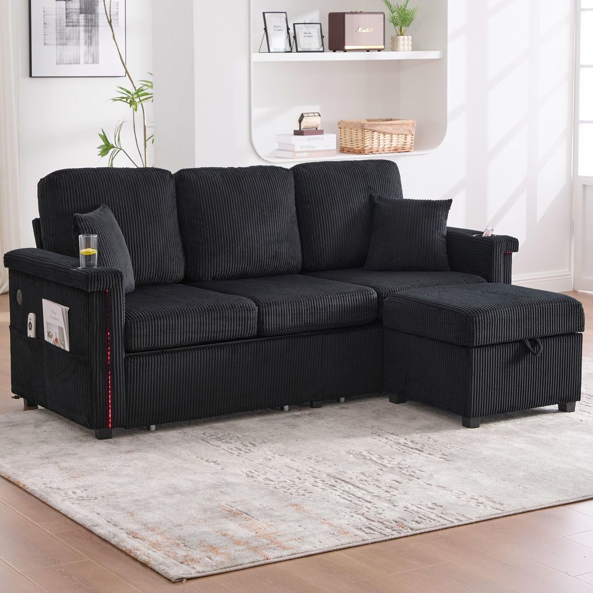 Dolamaní Sofá de terciopelo de 3 plazas con 2 cajones, soporte para bebidas, bolsillos laterales y reposapiés para sala de estar, dormitorio y oficina (beige)