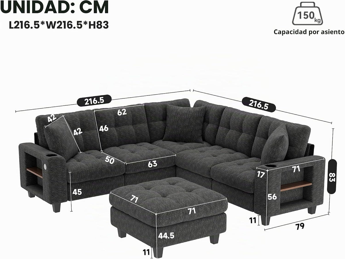 Sapgaks Sofá de esquina convertible de 6 plazas con USB, sofá convertible de 6 plazas, sofá de 6 plazas, en chenilla, con apoyabrazos en forma de librería, puf extraíble para configuraciones en L y en