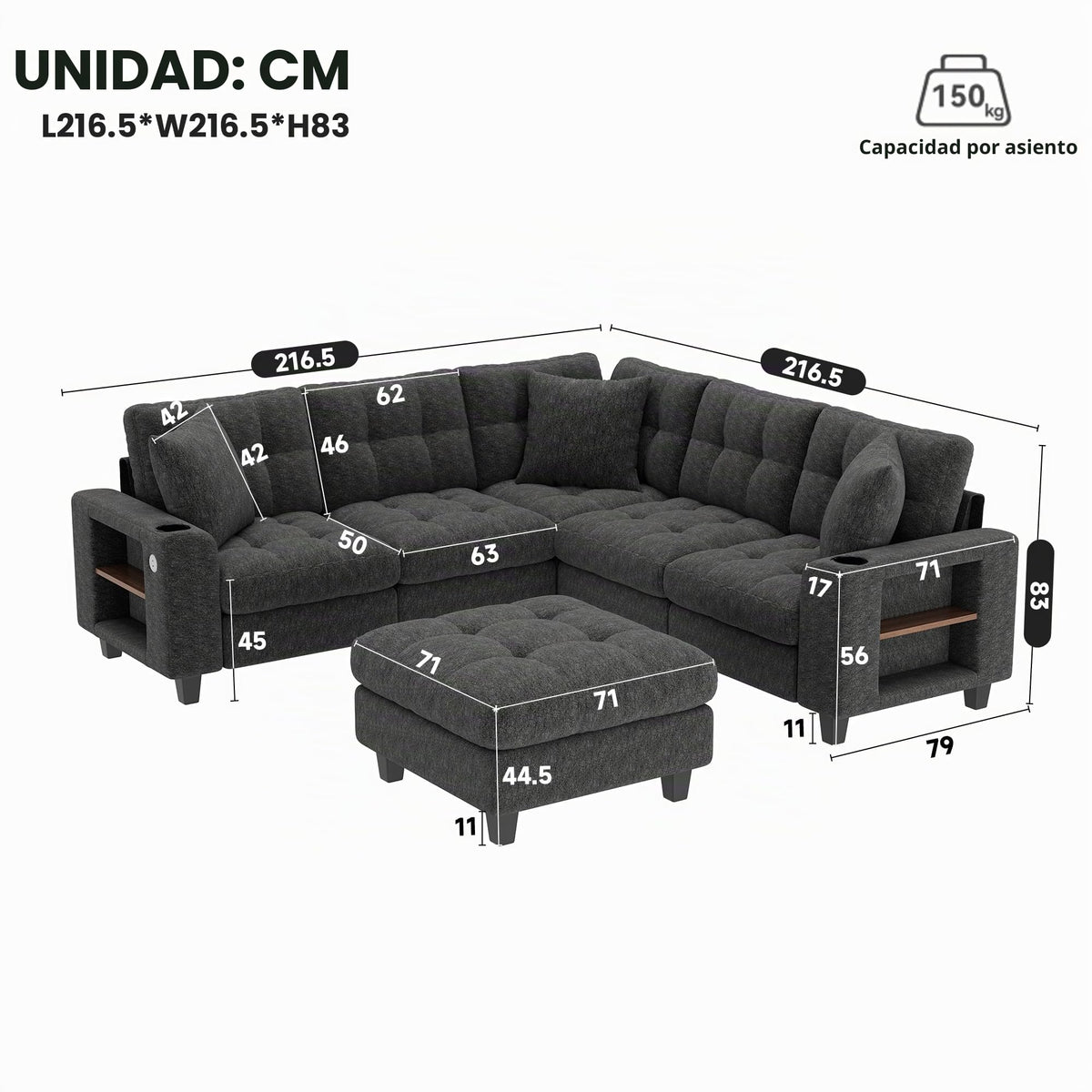 Sapgaks Sofá modular moderno de 6 plazas, con USB y portavasos, sofá de esquina modular muy grande en forma de U/L, con reposapiés extraíble y apoyabrazos con estantería, tela de chenilla, beige