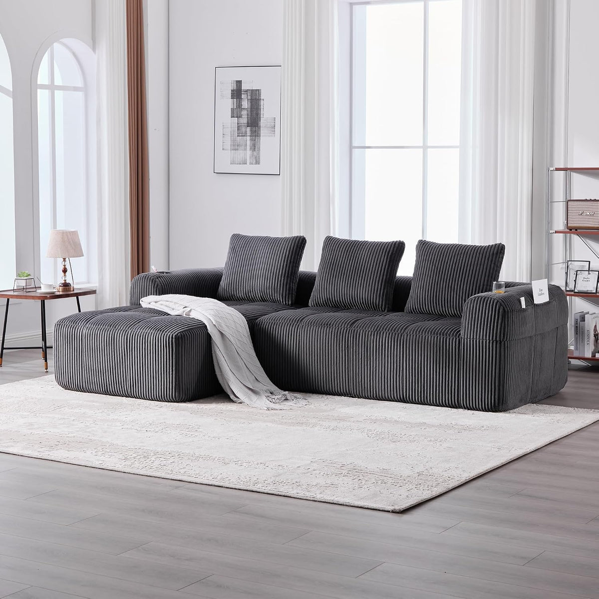 Dolamaní Sofá compacto de 3 plazas de pana con 3 cojines, sofá esquinero en forma de L con función de dormir, suave y modular, asiento extraprofundo, sin montaje, para salón (gris oscuro)