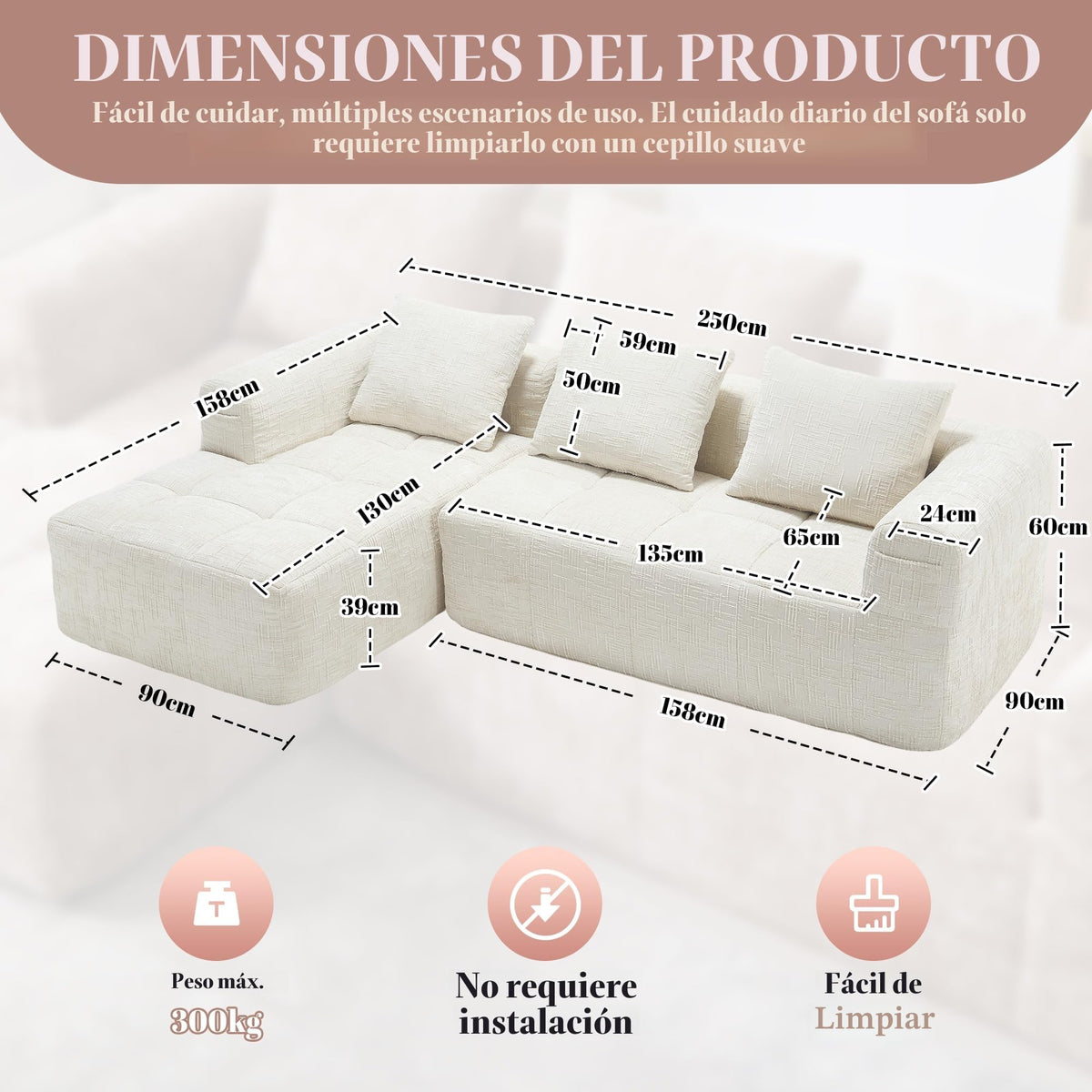 Soweiz Sofá L, seccional de 3 plazas, sofá con chaise longue y reposabrazos, 3 cojines, bolsillo lateral para mando a distancia, 250 x 158 x 60 cm