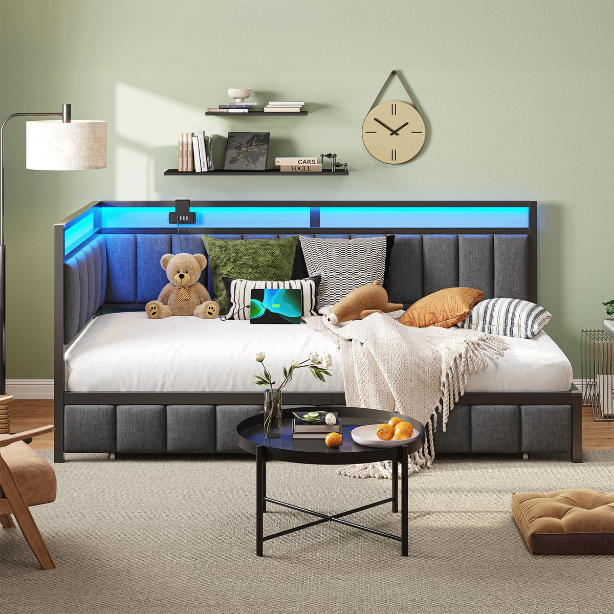 DICTAC Cama Tapizada Sofá Cama 90 x 190 cm con iluminación LED y Toma USB,Camas Juvenil con 2 cajones de Almacenamiento, Estructura de Cama de 90x190 con somier de láminas de Metal, Gris Oscuro
