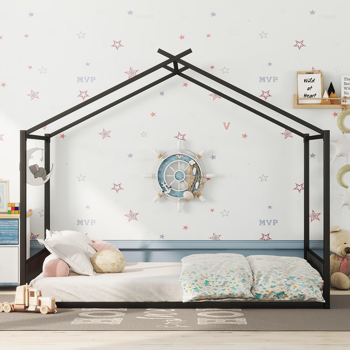 Cama infantil de 90 x 200 cm, dos camas de 90 cm con protección anticaídas, cama doble con modelado de casa, marco de hierro, color blanco, ideal para 2 niños