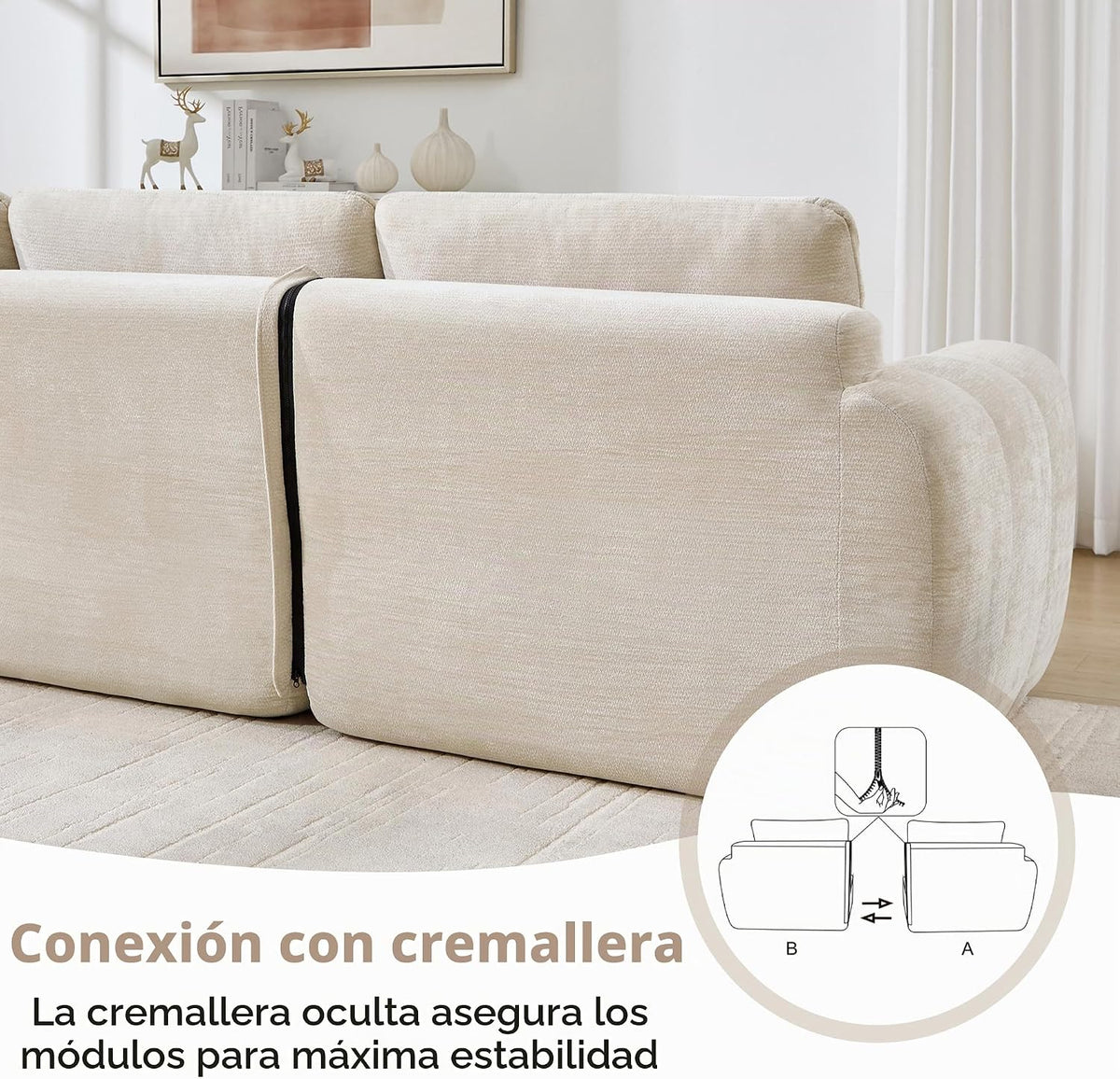 Sofá de 3 plazas con 1 taburete chenilla beige