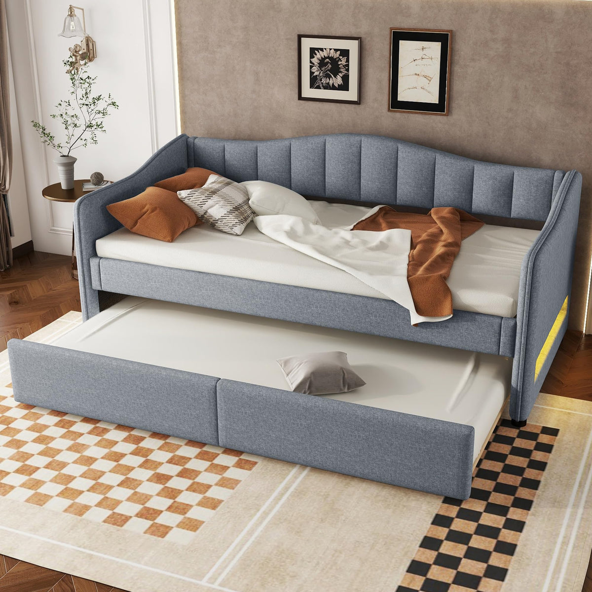 Cama de día, 90 x 200 cm, con cama extraíble, sofá cama, cama individual (sin colchón), diseño de luz ambiental, lino, estilo minimalista (beige)