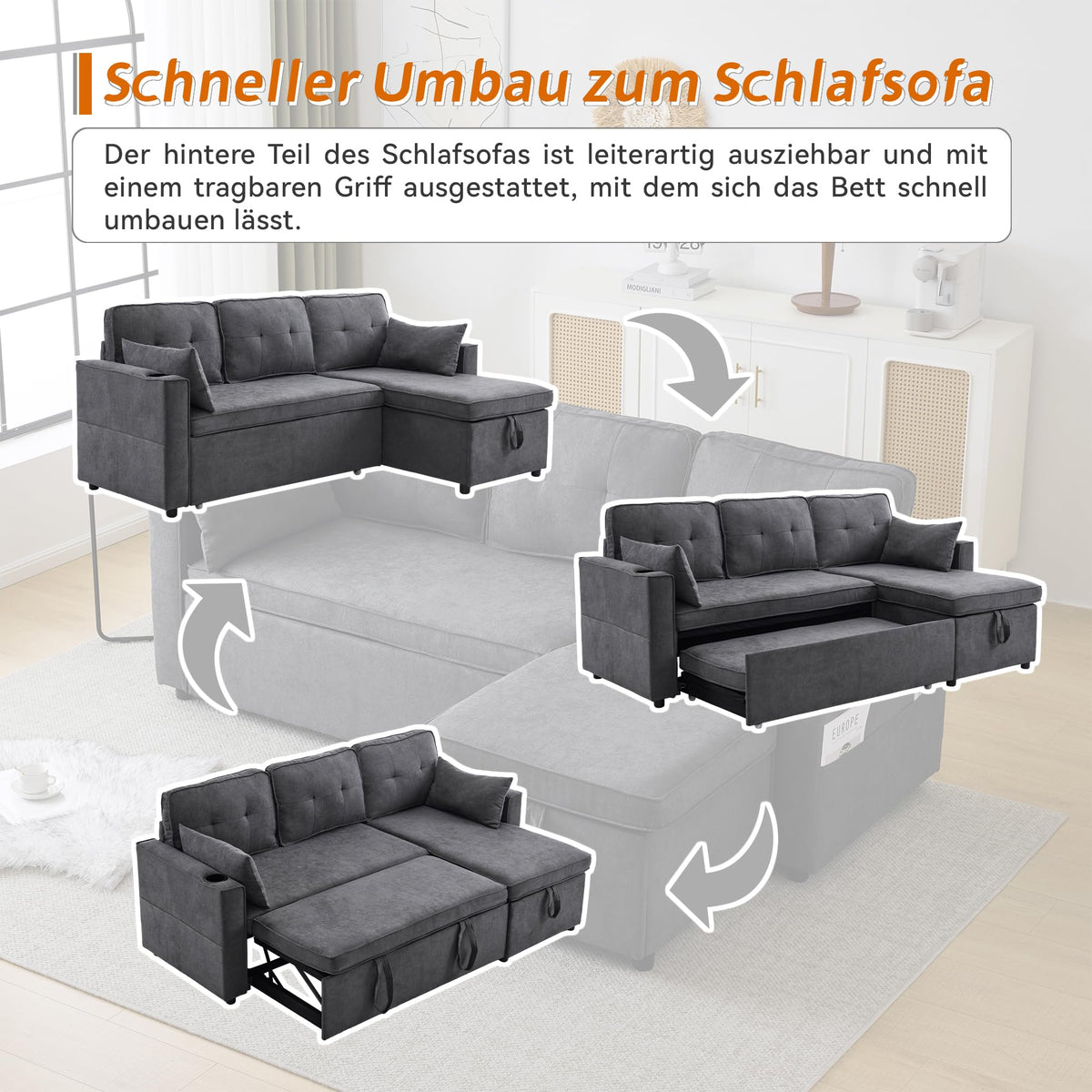 Sofá esquinero extensible en forma de L con puerto USB y portavasos, sofá cama de 4 plazas con función cama, sofá convertible con espacio de almacenamiento y reposabrazos, cojines, chenilla