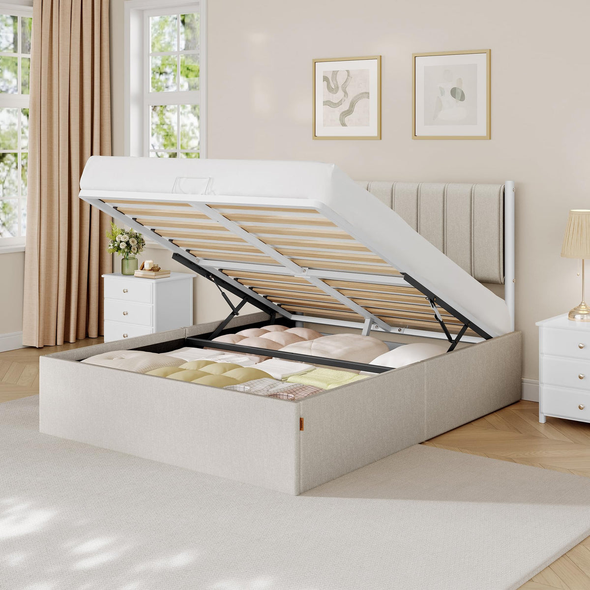 VASAGLE Estructura de Cama, 160 x 200 cm, Cama Elevable, 2 Personas, con Almacenaje, Cabecero, Sistema Hidráulico, Moderno y Minimalista, Fácil Montaje, Beige Capuchino RMB615LH01