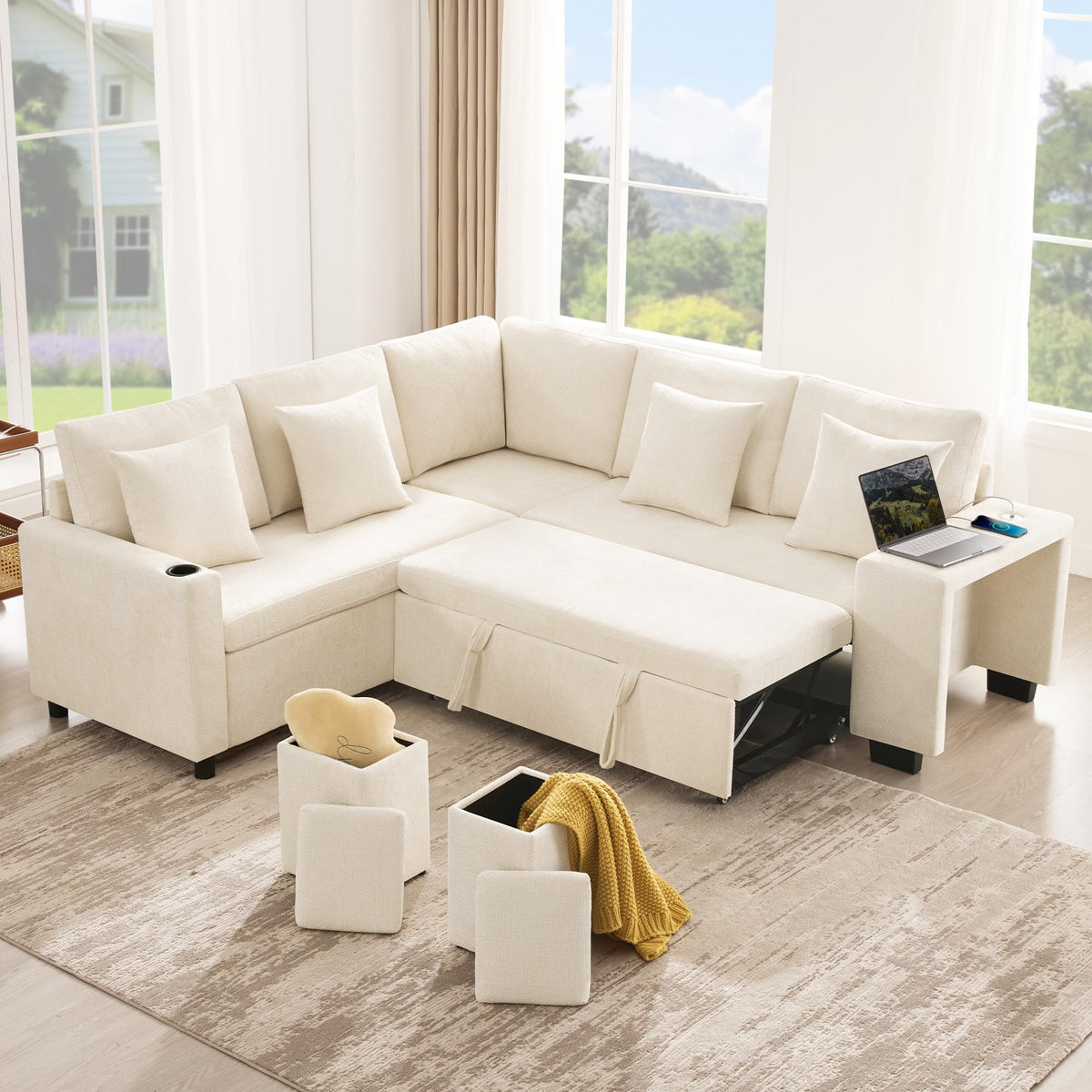 Sofá esquinero extensible en forma de L con puerto USB y portavasos, sofá cama de 4 plazas con función cama, sofá convertible con espacio de almacenamiento y reposabrazos, cojines, chenilla