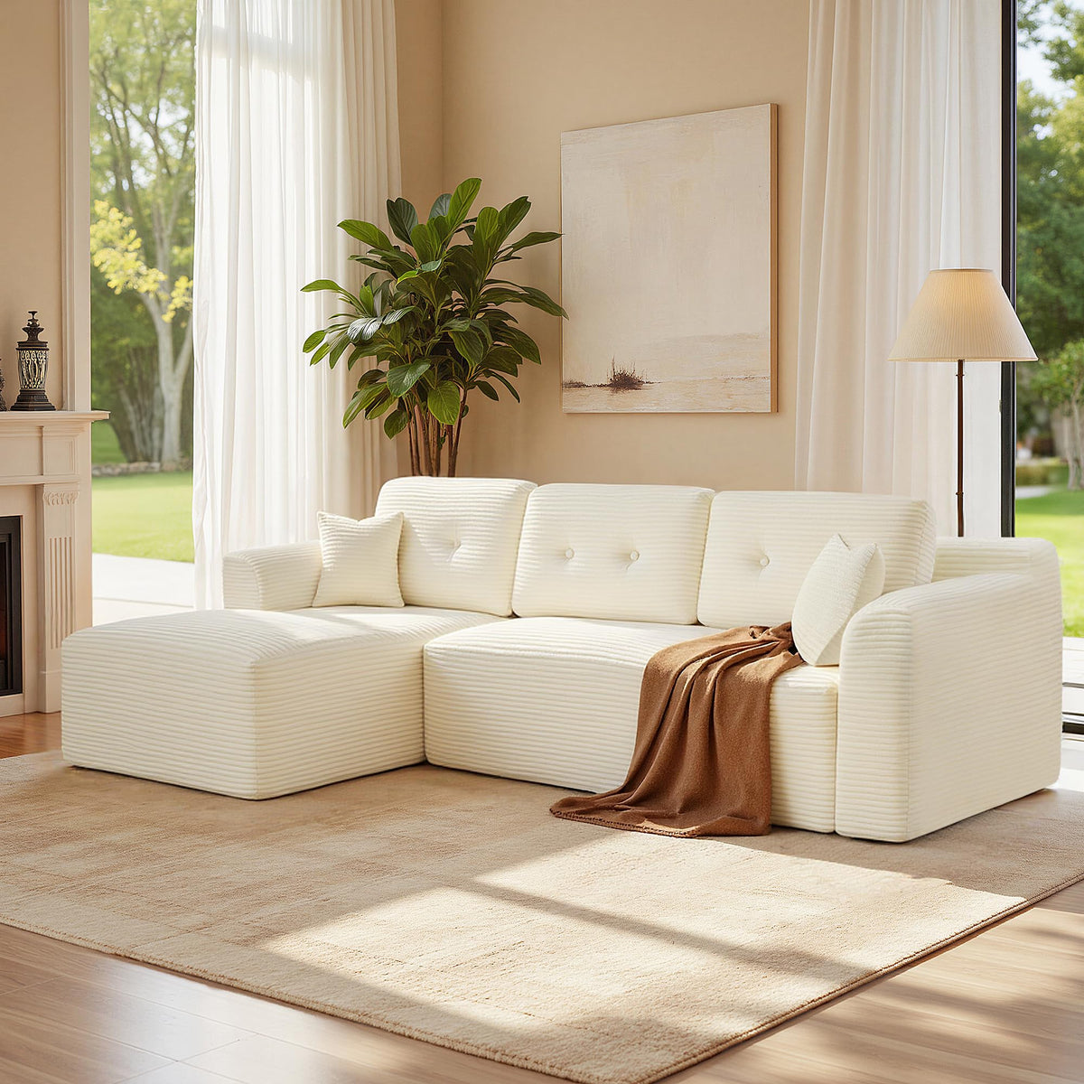 VASAGLE Sofá con Chaise Longue, Esquinero de Pana, Diseño Modular de 3 Plazas, 242 x 152 x 73 cm, Negro, para Salón, Colección Camila LCS183B101