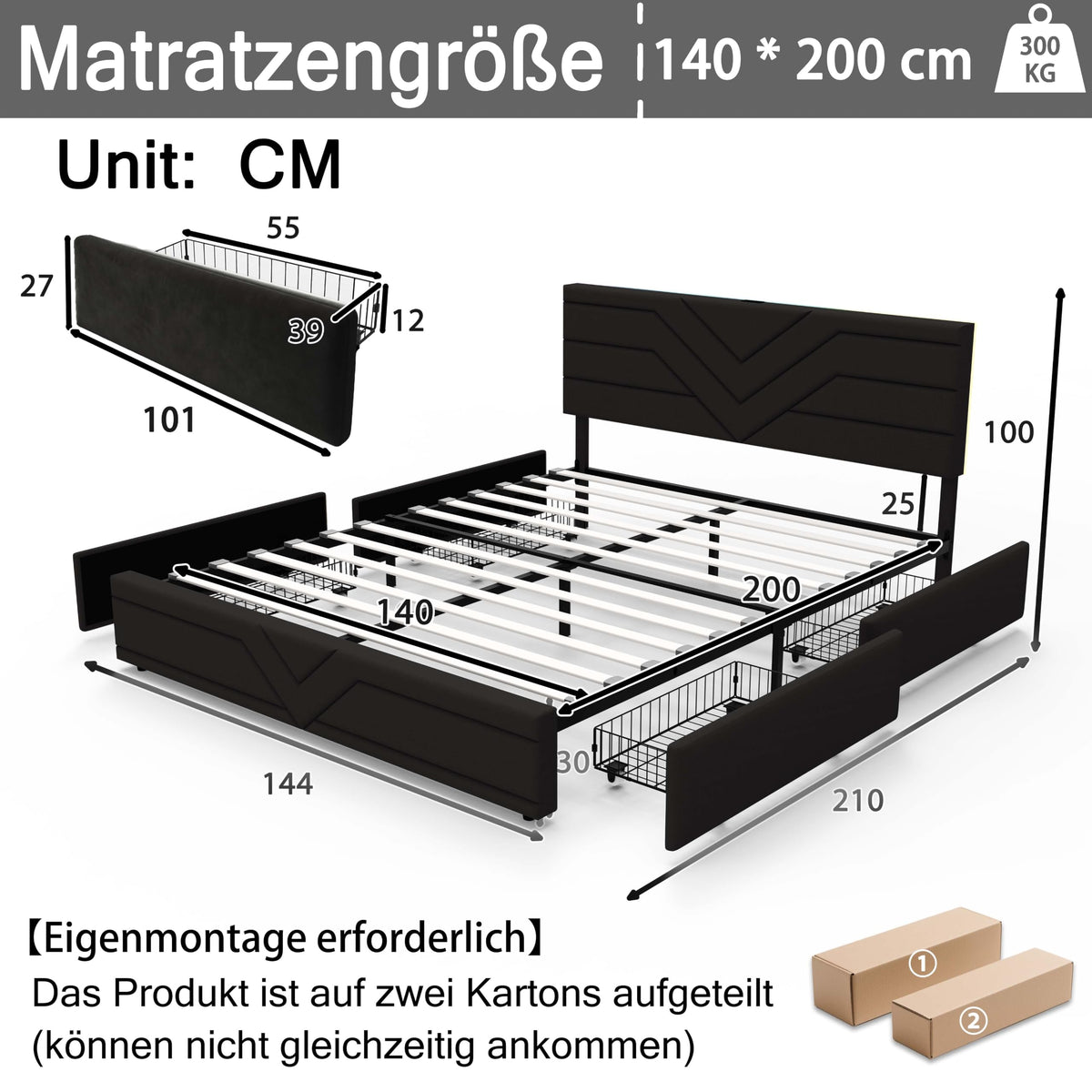 Armazón de Cama de Cuero 140x200cm con luz LED, Blanco