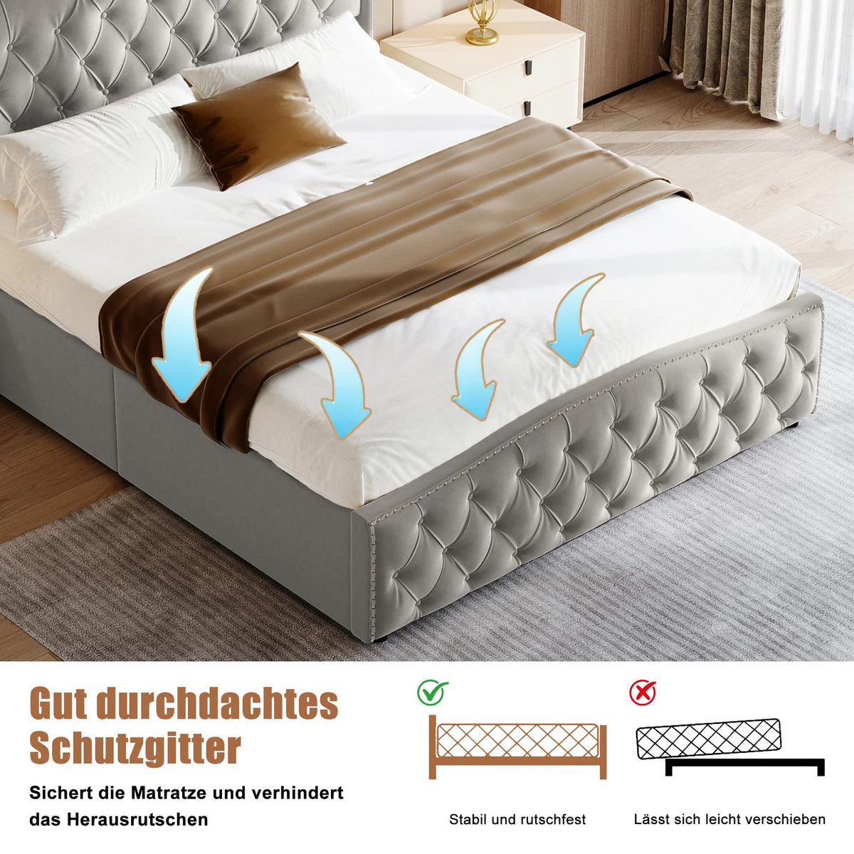 BRILVERDE Cama Tapizada 160x200 con Almacenamiento hidráulico, Cama matrimonial con lámpara de mesita, Cabecero Acolchado y Base de Láminas, Terciopelo (Beige, 160 x 200 cm)