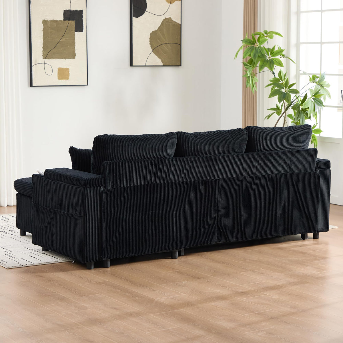 Dolamaní Sofá moderno de 4 plazas de tela de lino con espacio de almacenamiento y función de dormir, sofá cama con cajonera extensible en forma de L para casa y salón (beige B)