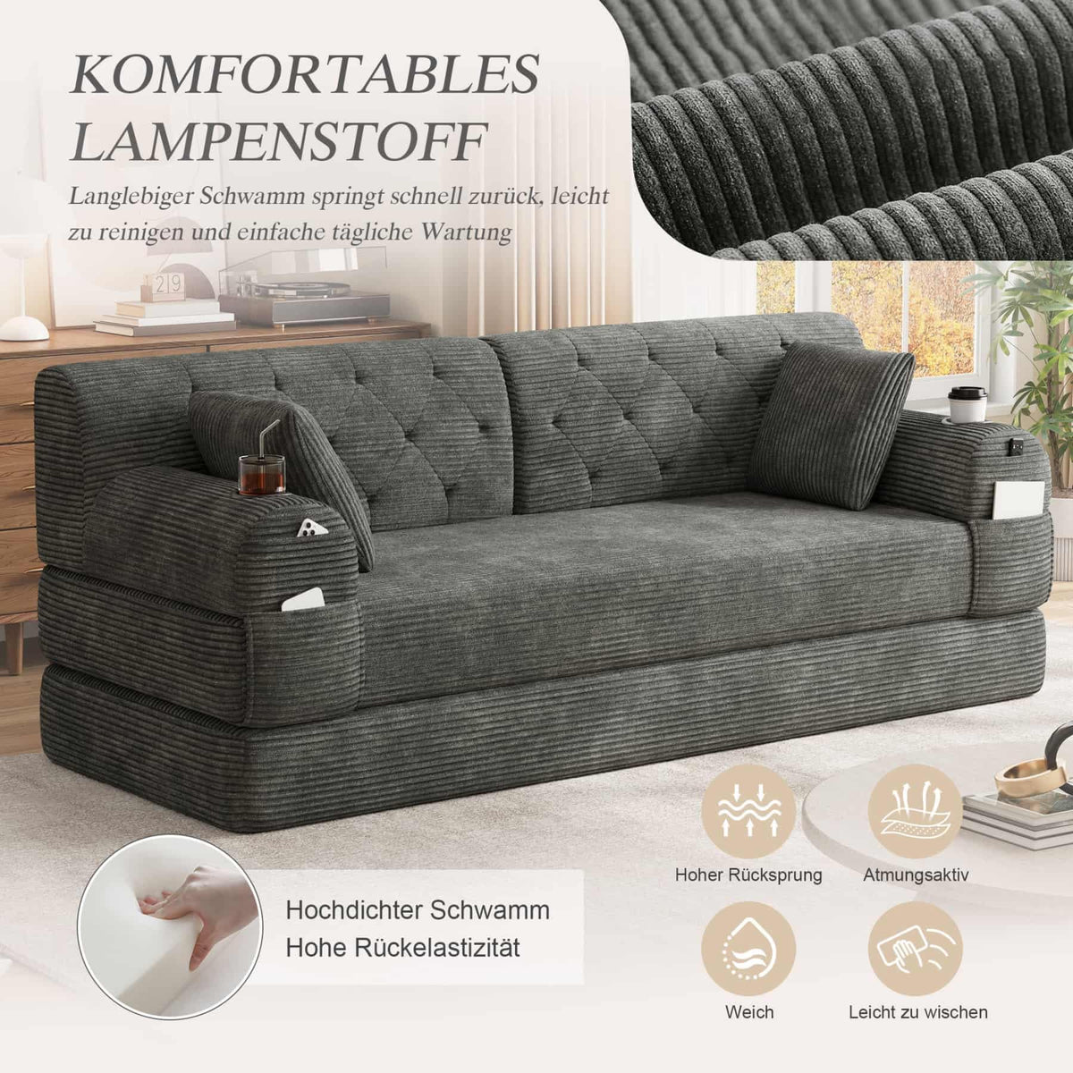 YEHTOKHOME - Sofá de Velor acanalado con respaldo alto y estructura metálica, sofá moderno de 2 plazas con 2 portavasos y 4 bolsillos laterales, para salón, dormitorio (Beige)