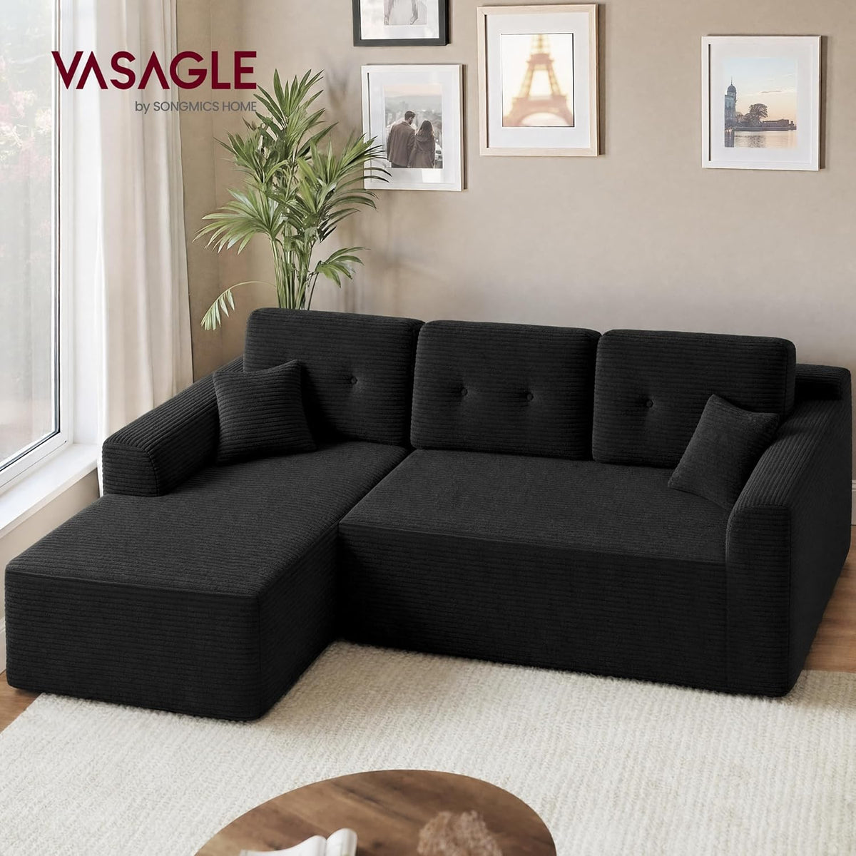 VASAGLE Sofá con Chaise Longue, Esquinero de Pana, Diseño Modular de 3 Plazas, 242 x 152 x 73 cm, Negro, para Salón, Colección Camila LCS183B101