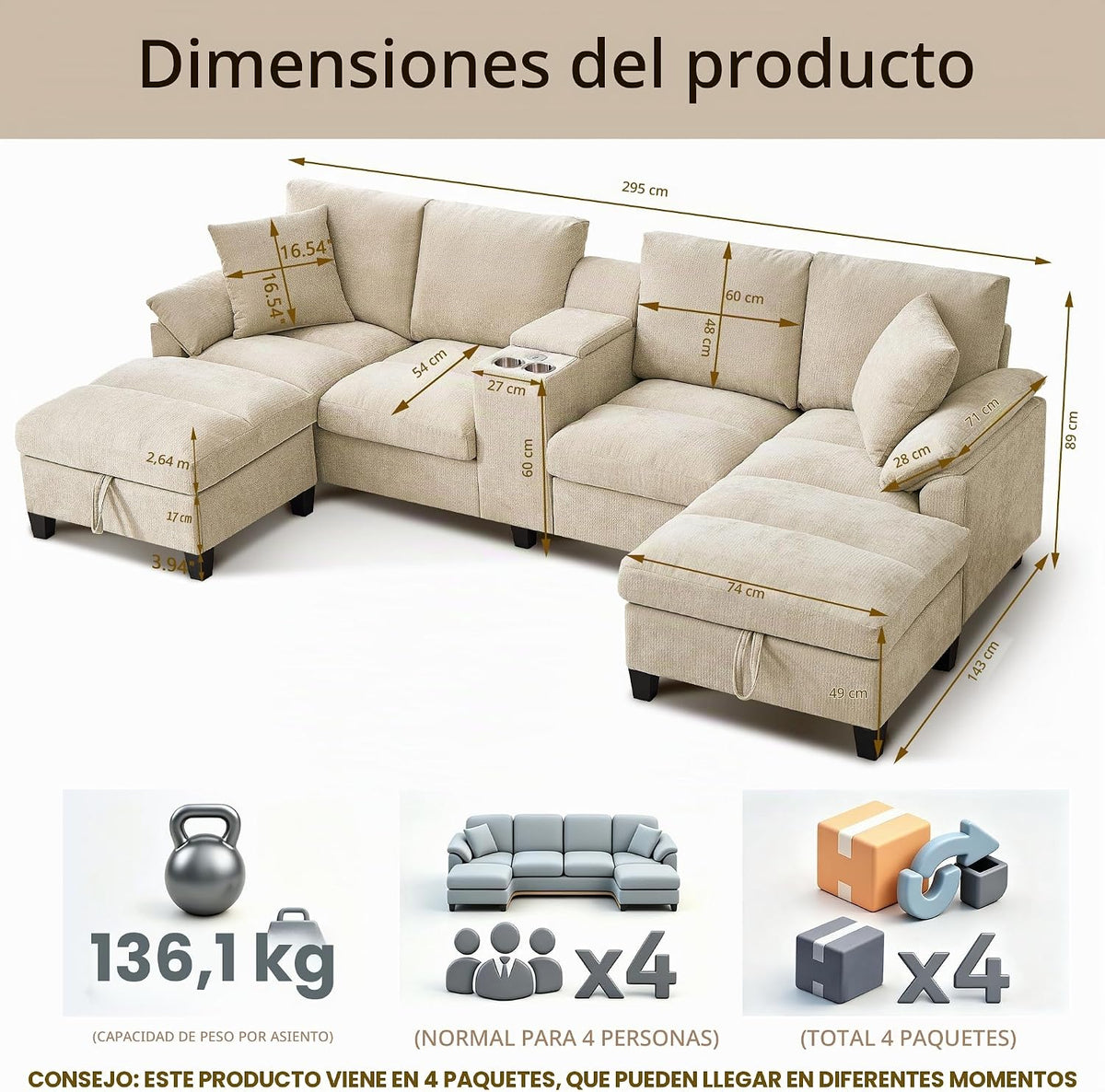 Modular Forma U Sofá de 4 Plazas, 295cm Sofá Esquinero para Sala