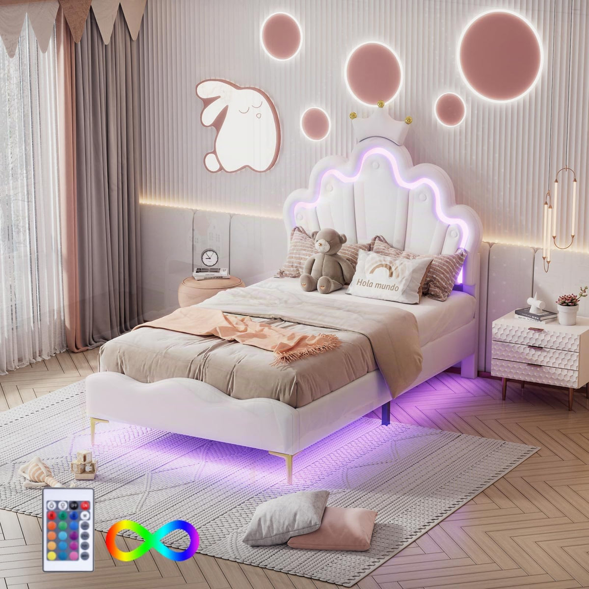 LIVLUX Cama Tapizada 90 x 200 cm, Cama Princesa con Cabezal LED Ajustable y Somier de Lamillas, Cama para Niña, Diseño en Forma de Corona para Niños y Adolescentes (Rosa, 90 x 200 cm)