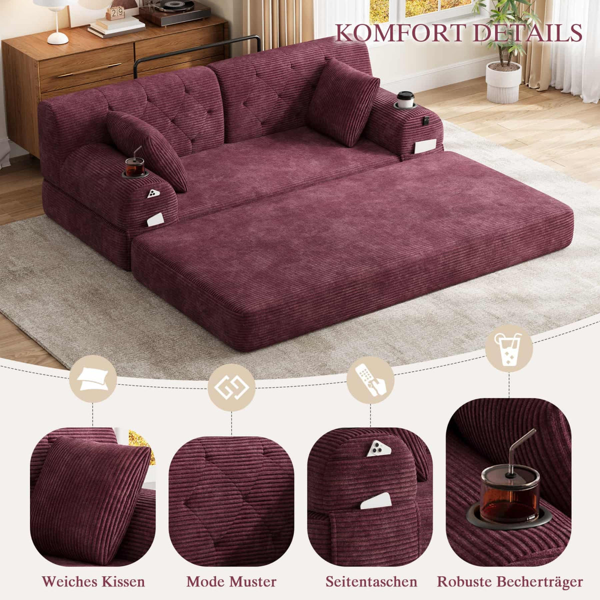 YEHTOKHOME - Sofá de Velor acanalado con respaldo alto y estructura metálica, sofá moderno de 2 plazas con 2 portavasos y 4 bolsillos laterales, para salón, dormitorio (Beige)