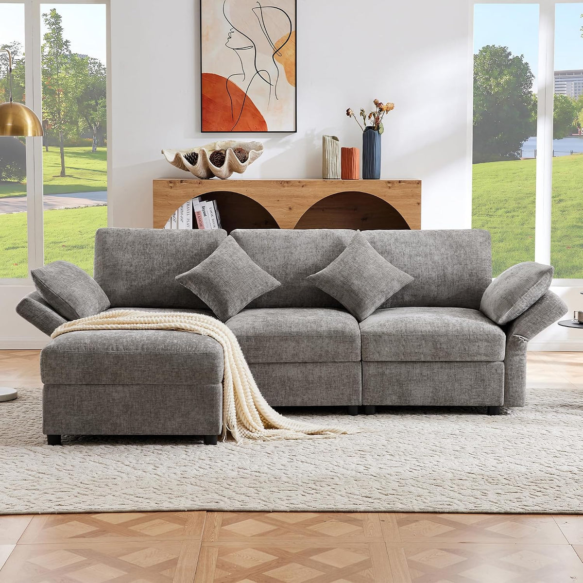 Soweiz Sofá de esquina en forma de L con reposapiés, sofá cama convertible de 3 plazas, 4 cojines, brazos ajustables, tejido chenilla, adecuado para salón/oficina/apartamento, 218 x 156,5 x 86 cm