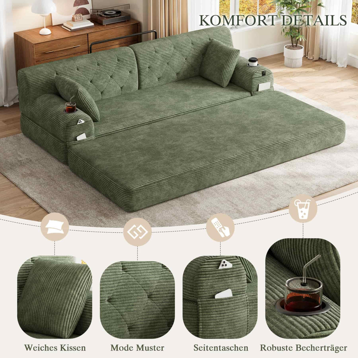 YEHTOKHOME - Sofá de Velor acanalado con respaldo alto y estructura metálica, sofá moderno de 2 plazas con 2 portavasos y 4 bolsillos laterales, para salón, dormitorio (Beige)