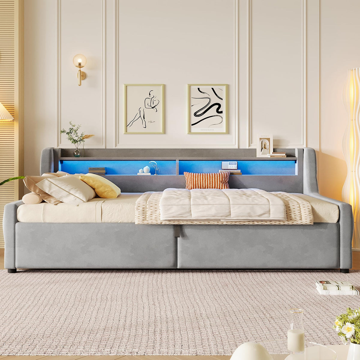 Cama con plataforma de terciopelo 90 x 200 cm, con espacio de almacenamiento hidráulico e iluminación LED (color crema, 90 x 200 cm)