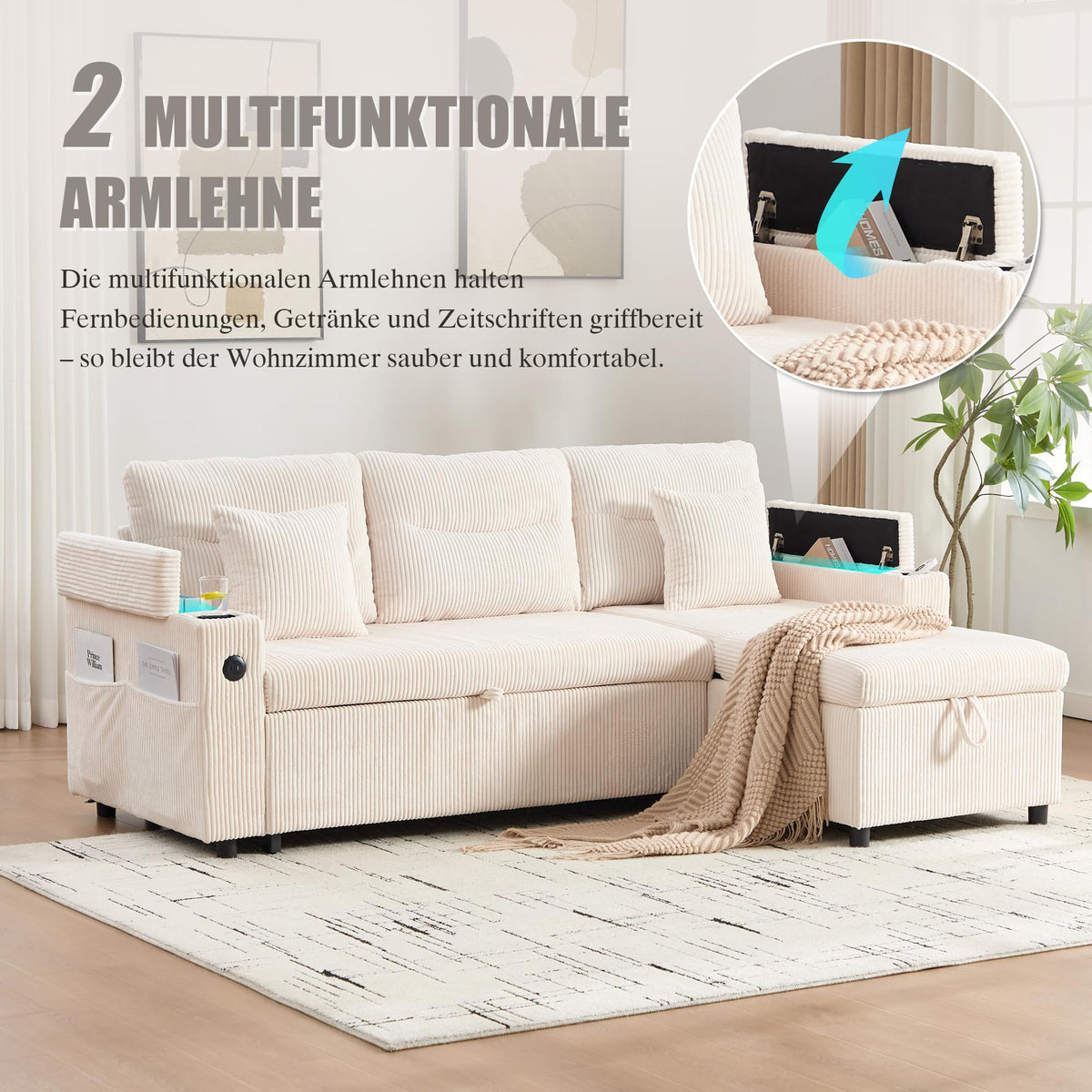 Dolamaní Sofá moderno de 4 plazas de tela de lino con espacio de almacenamiento y función de dormir, sofá cama con cajonera extensible en forma de L para casa y salón (beige B)