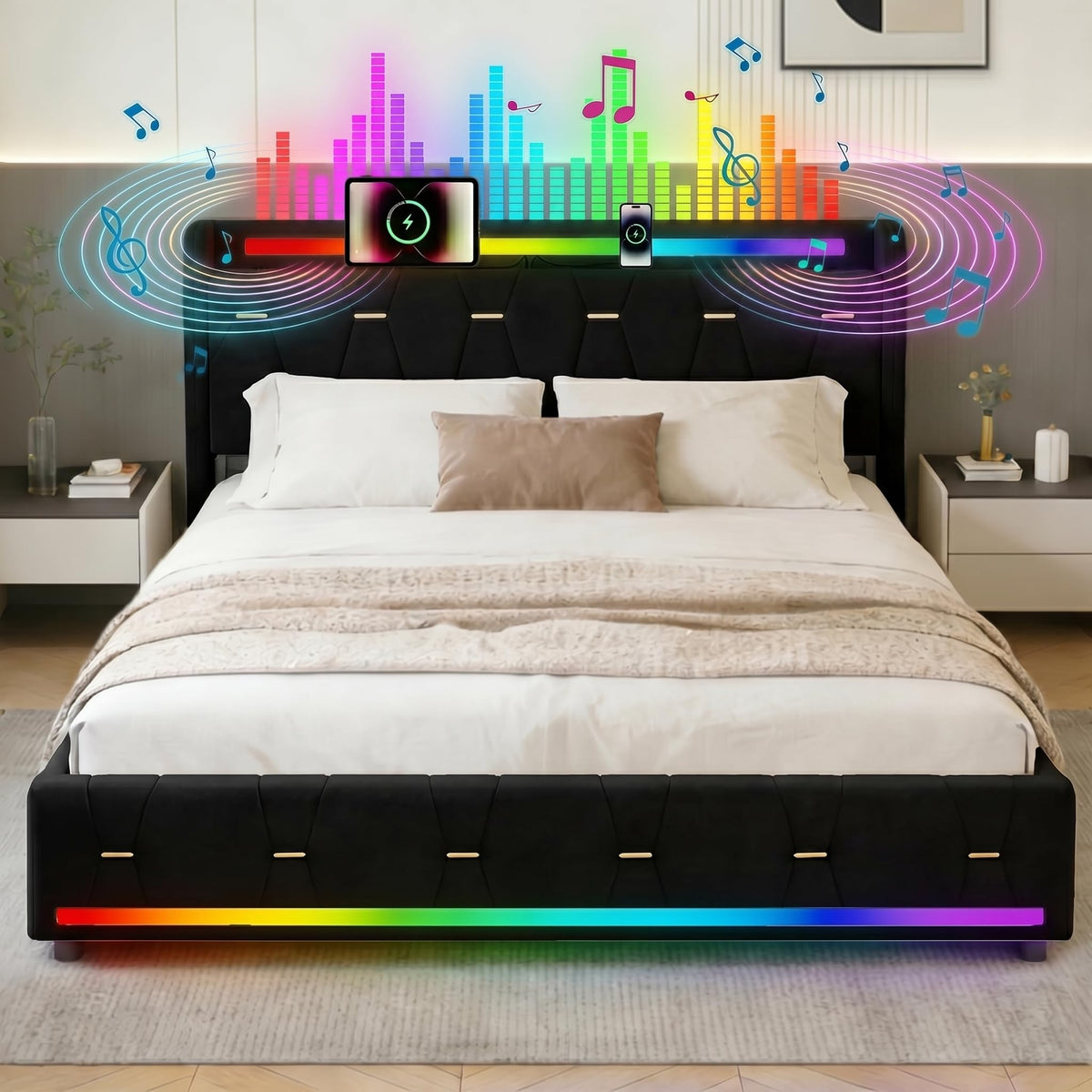 Estructura de Cama 140x200 cm con iluminación LED, Lino, Gris