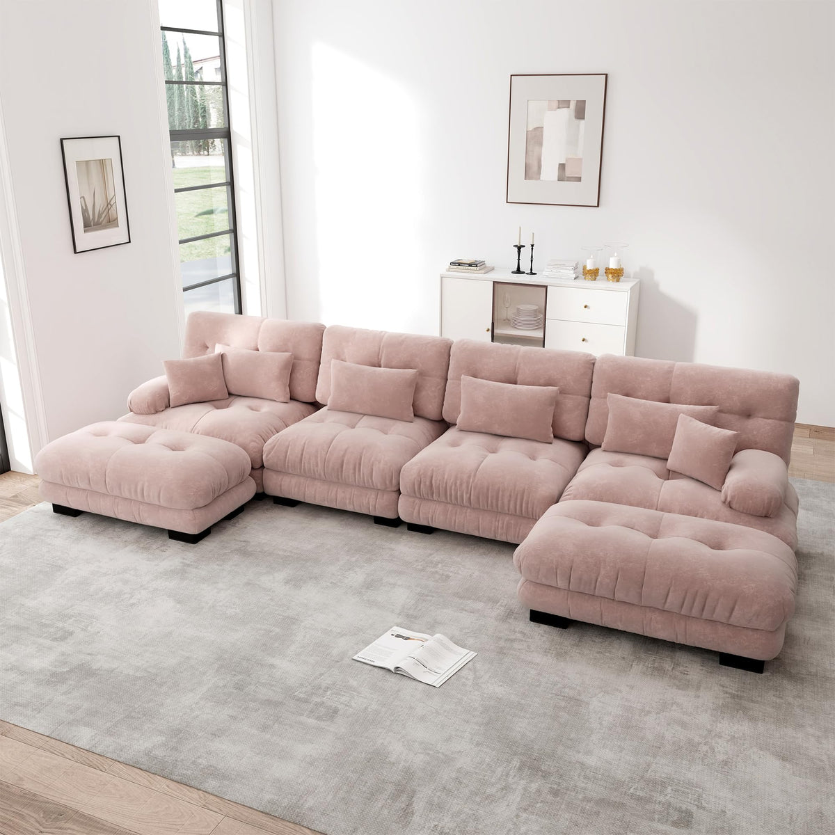 Sofá seccional Cloud en forma de L de 4 plazas con otomana móvil, ciniglia paisaje residencial con asiento profundo y reposabrazos anchos, gran sofá de sala para apartamento