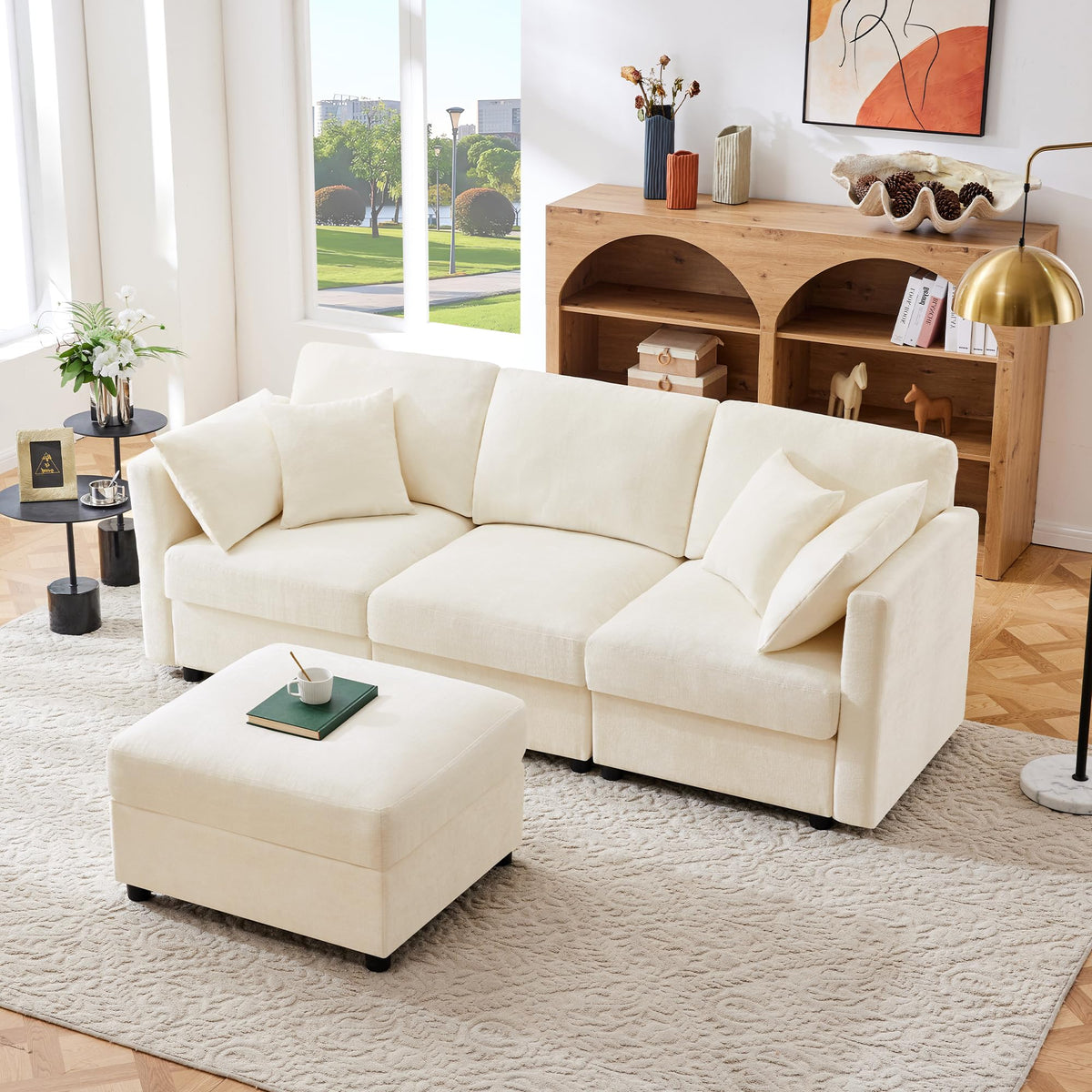 Lubvtti Sofá cama de 3 plazas moderno con función de cama, con espacio de almacenamiento, cargador USB, reposabrazos portaobjetos y 2 cojines, sofá de esquina en L, sofá de 3 plazas, chenilla (C-gris)