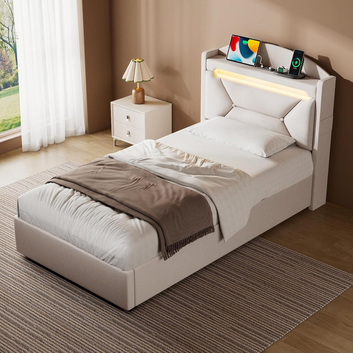 Cama 90x200 cm con Almacenamiento, Cama Individual con LED, Puertos USB y Type-C, Somier 90x200 Hidráulico, Camas Juveniles Camas Infantiles con Cabecero, Lino, Beige, Colchón No Incluido