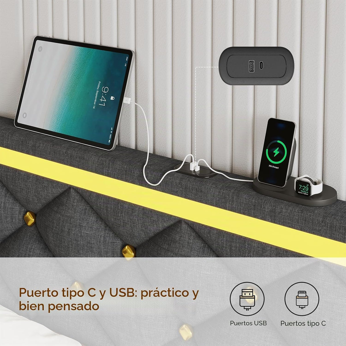 DICTAC Cama tapizada de 140 x 190 cm con carga USB e iluminación LED, cabecero con LED, cama doble con somier, cama juvenil, cama funcional, tela de lino, sin colchón