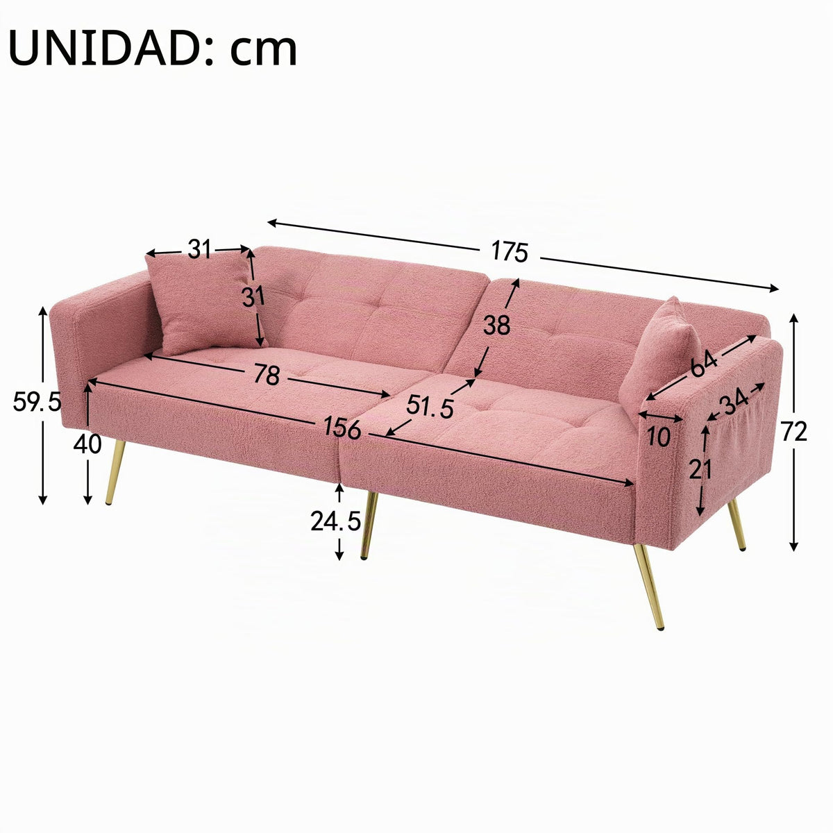Sofá cama con esquinas ajustables, patas doradas, almohadas y bolsillos laterales para almacenamiento (Bavia)