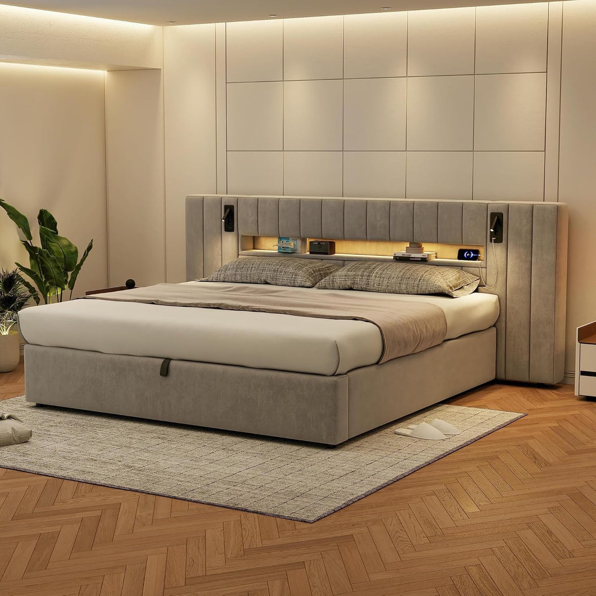Cama 180x200 cm Camas Matrimoniales con LED y Lámpara de Noche, Cama Doble Tapizada con USB y Cabecero Ancho, Almacenaje Hidráulico, Soporte de Lamas de Madera, Terciopelo, Sin Colchón, Gris