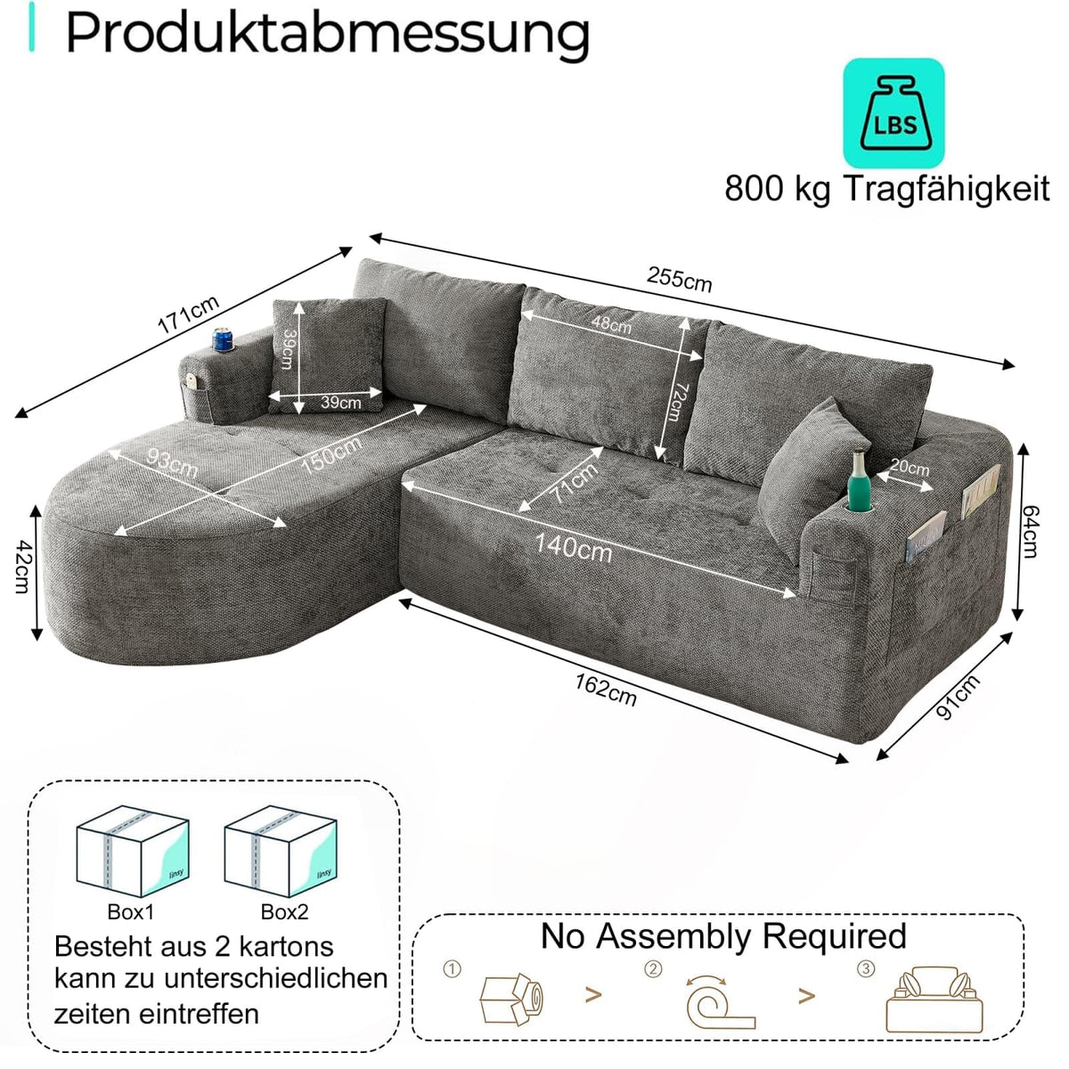 KOMHTOM Sofá Chaise Longue en L con Cojines (Negro)