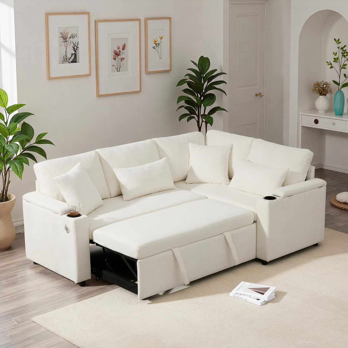 Sofá esquinero extensible en forma de L con puerto USB y portavasos, sofá cama de 4 plazas con función cama, sofá convertible con espacio de almacenamiento y reposabrazos, cojines, chenilla