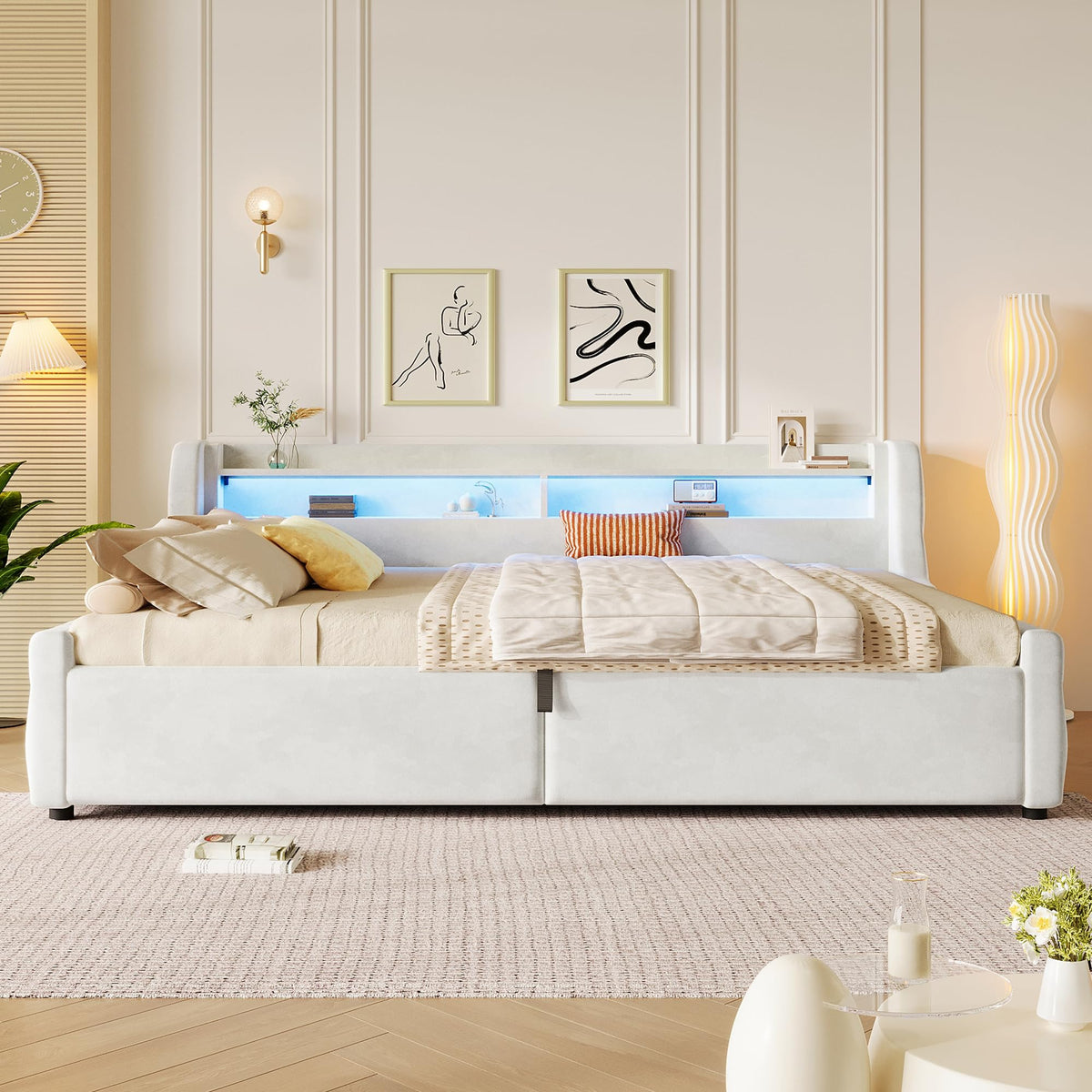 Cama con plataforma de terciopelo 90 x 200 cm, con espacio de almacenamiento hidráulico e iluminación LED (color crema, 90 x 200 cm)