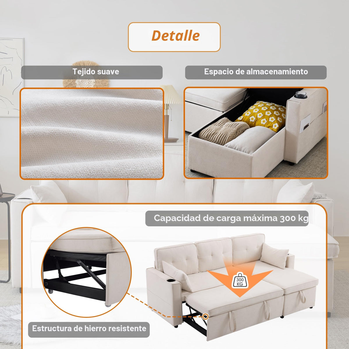 Sofá esquinero extensible en forma de L con puerto USB y portavasos, sofá cama de 4 plazas con función cama, sofá convertible con espacio de almacenamiento y reposabrazos, cojines, chenilla