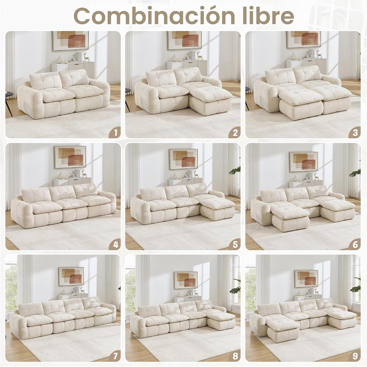 Sofá de 3 plazas con 1 taburete chenilla beige