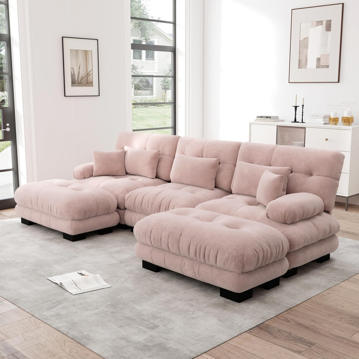 Sofá seccional Cloud en forma de L de 4 plazas con otomana móvil, ciniglia paisaje residencial con asiento profundo y reposabrazos anchos, gran sofá de sala para apartamento