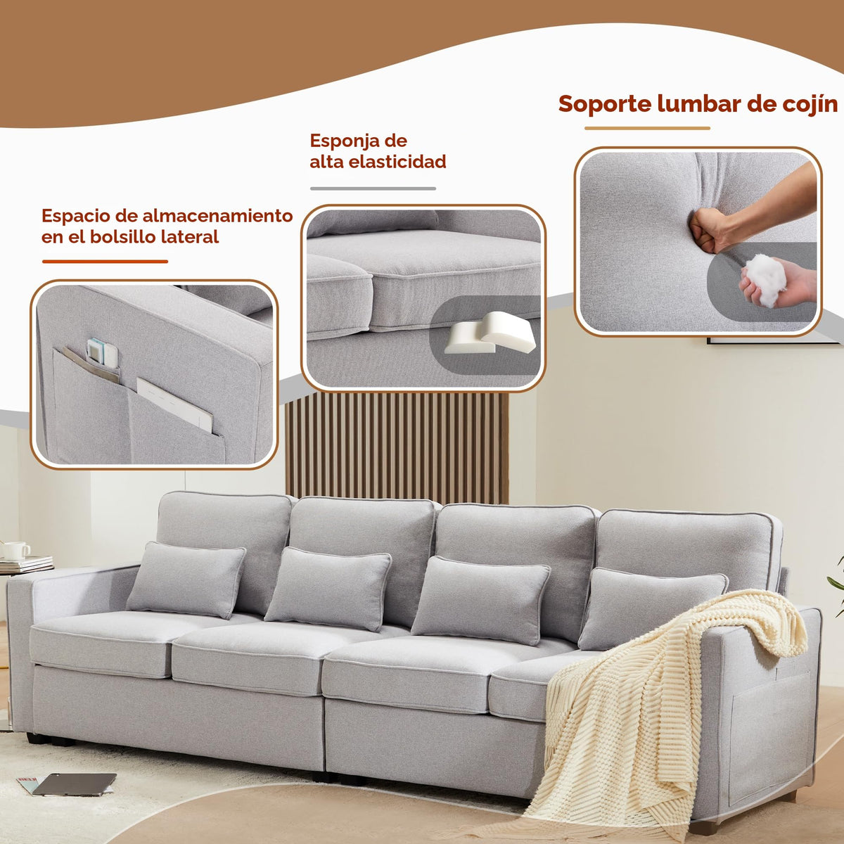 Sofá moderno de 4 plazas, en tejido de lino, soporte para bebidas, 2 puertos de carga USB con cable, bolsillos en reposabrazos y 4 cojines, sofá sencillo para sala de estar