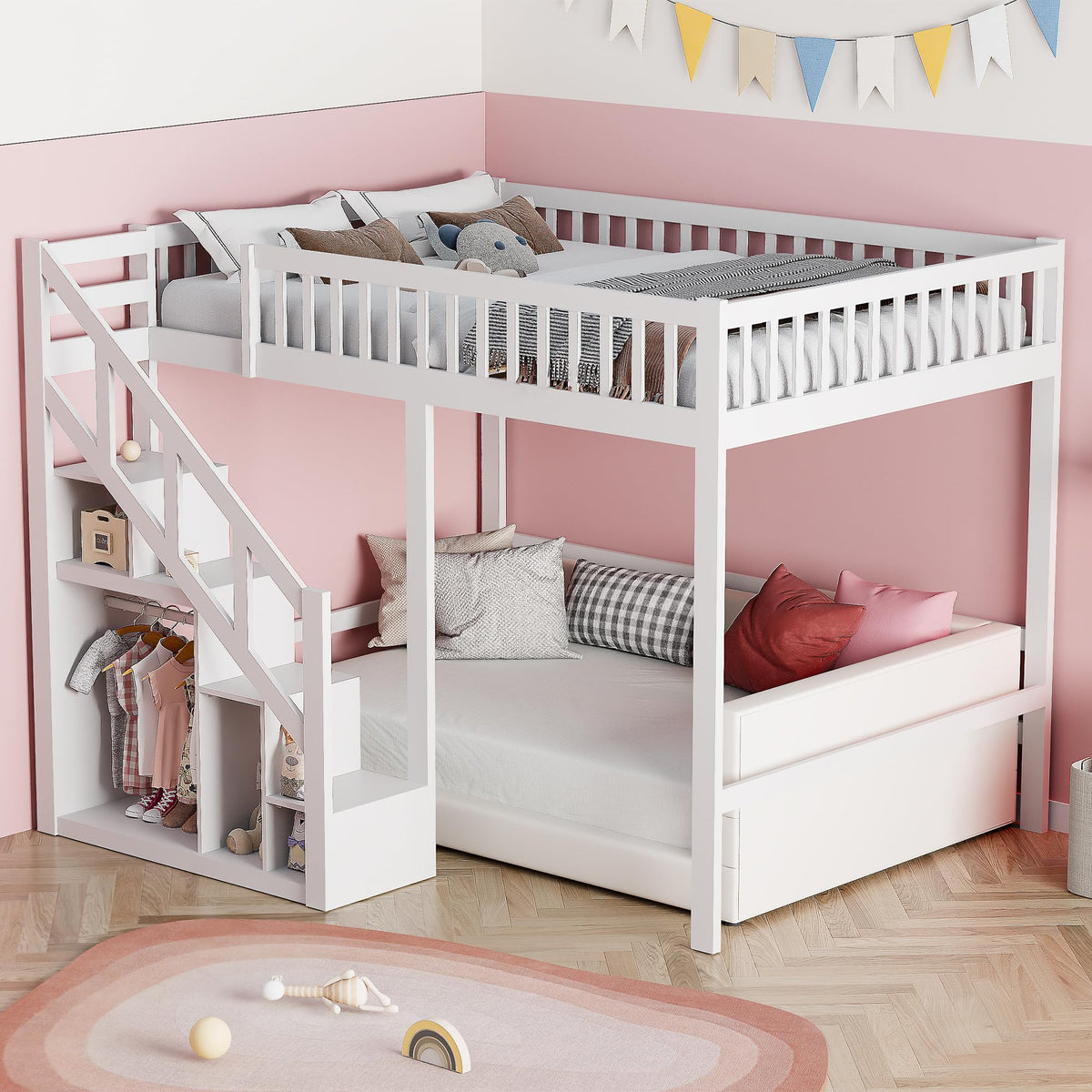Cama alta, cama infantil, marco de cama con escalera, diseño de valla alta, almacenamiento, somier de láminas y zona de suspensión abierta, para niños y adolescentes, blanco (90x200 cm)